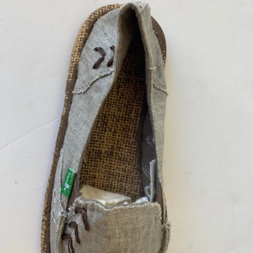 Sanuk Gray Canvas Slip-On Sneakers with Brown Accents
